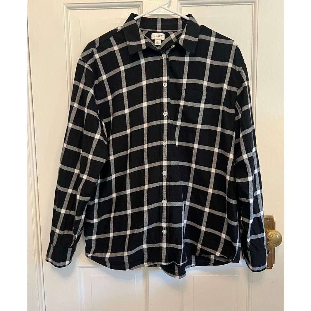 J.Crew Black White Flannel Shirt 100% Cotton Casual Fall Plaid Women's M